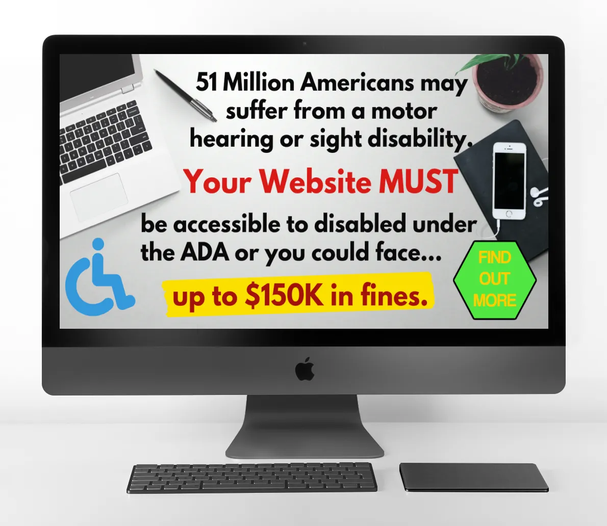 Accessibility panel mockup with screen reader, keyboard navigation, contrast, font and image-description controls