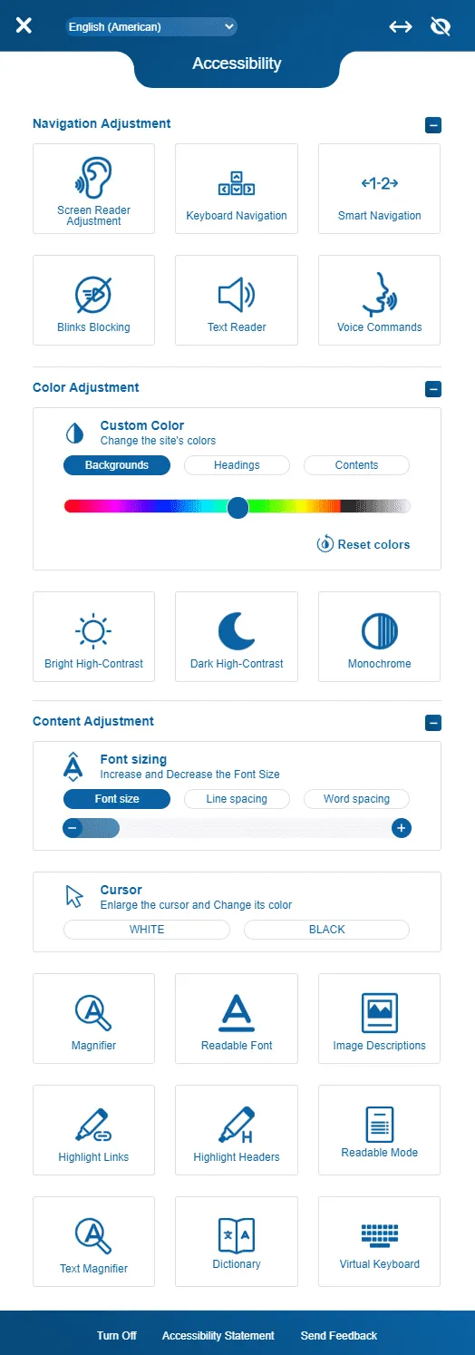 Tall blue accessibility dashboard showing navigation, color, content and cursor controls