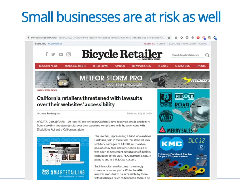 Source news graphic about a website accessibility lawsuit involving bicycle retailers